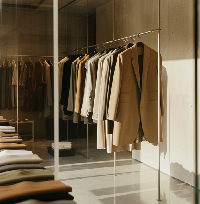 Racks of neatly arranged suits in various shades, displayed in a minimalist and well-lit showroom