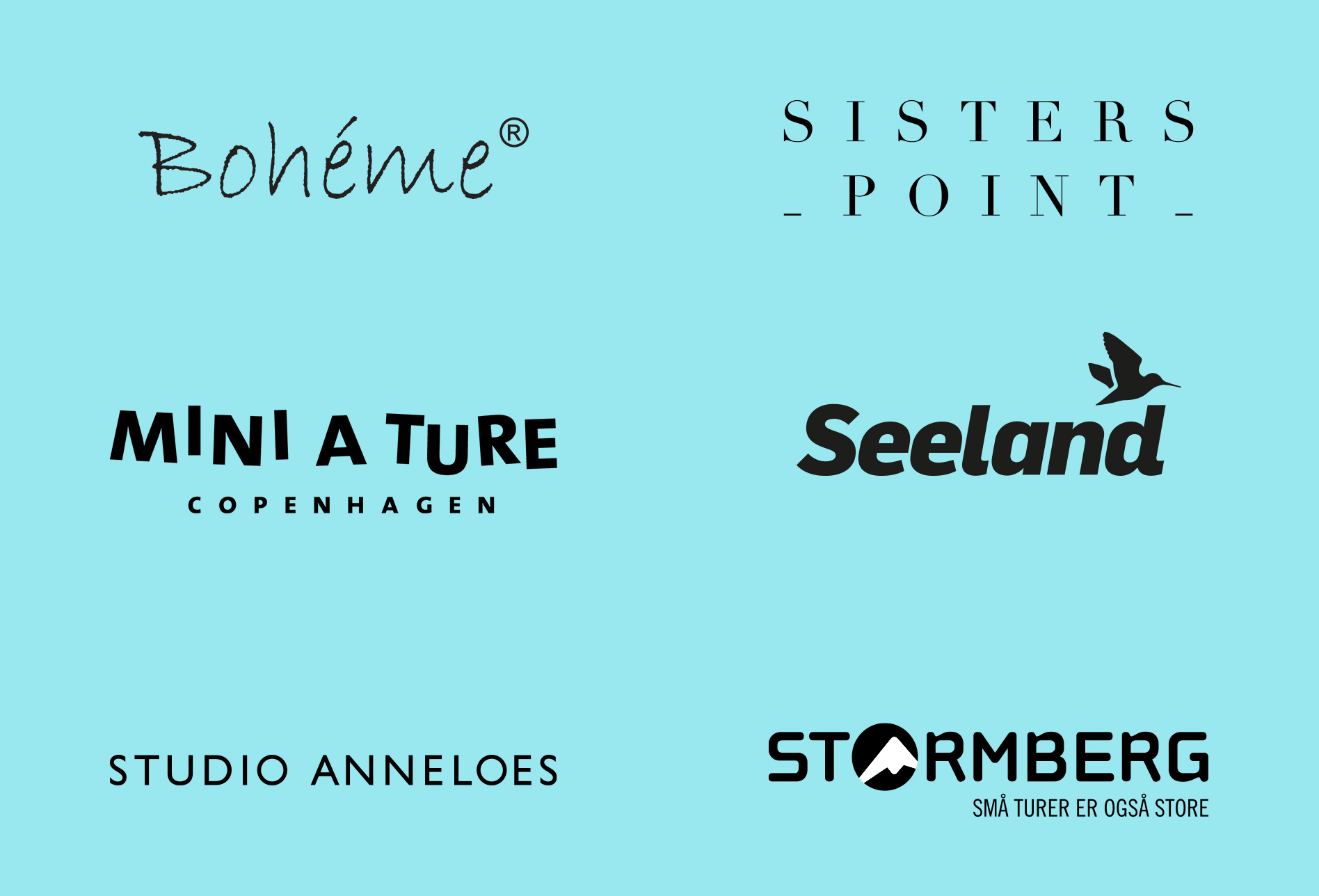 Logos of various fashion brands displayed on a light blue background."